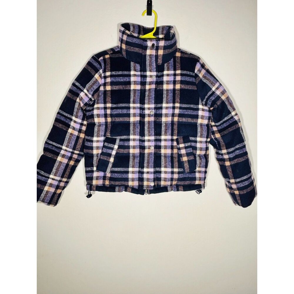 Hollister Women’s Plaid Puffer Jacket Sz S Navy Tan Purple Recycled Fill Warm